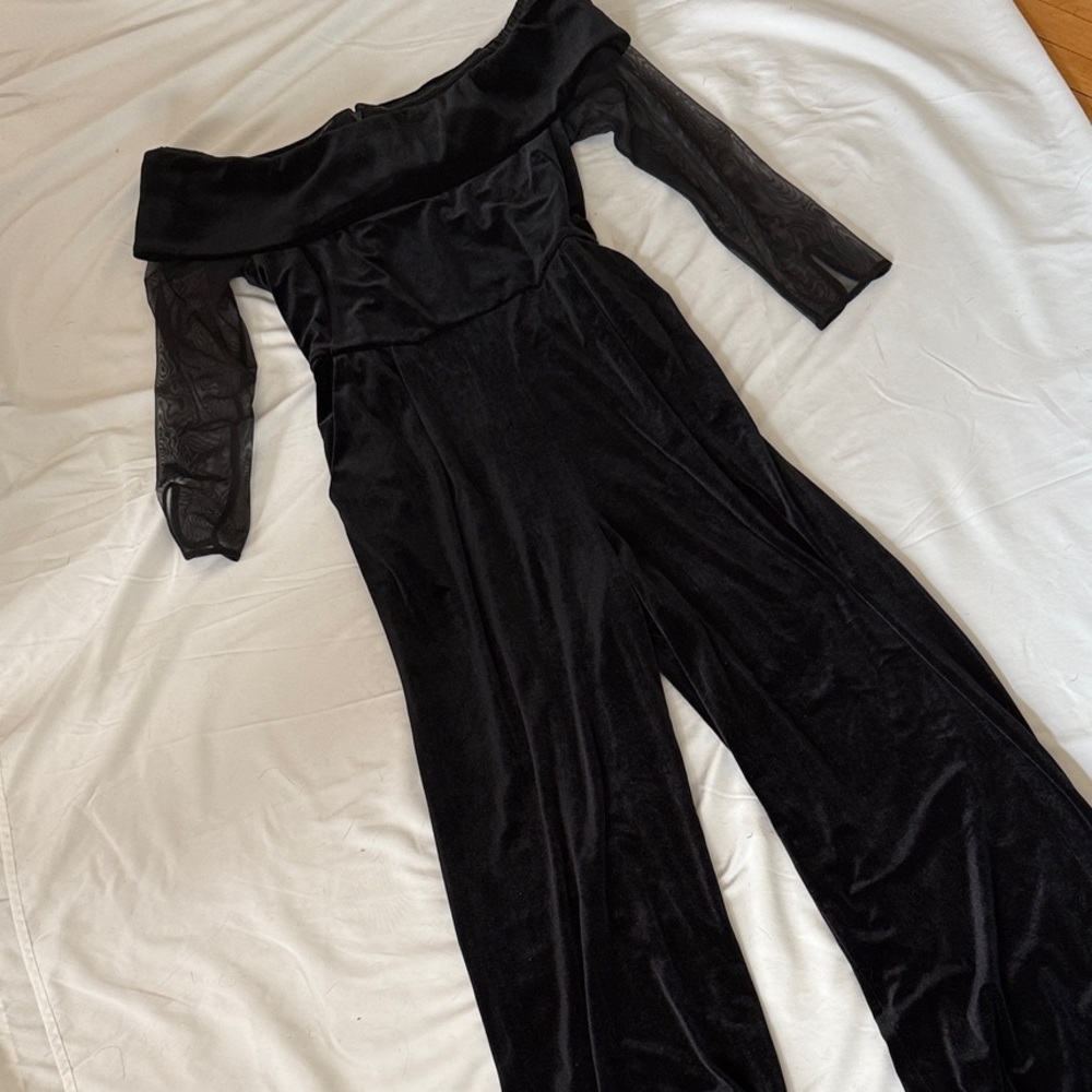 Calvin Klein Black Velvet Off-Shoulder Jumpsuit